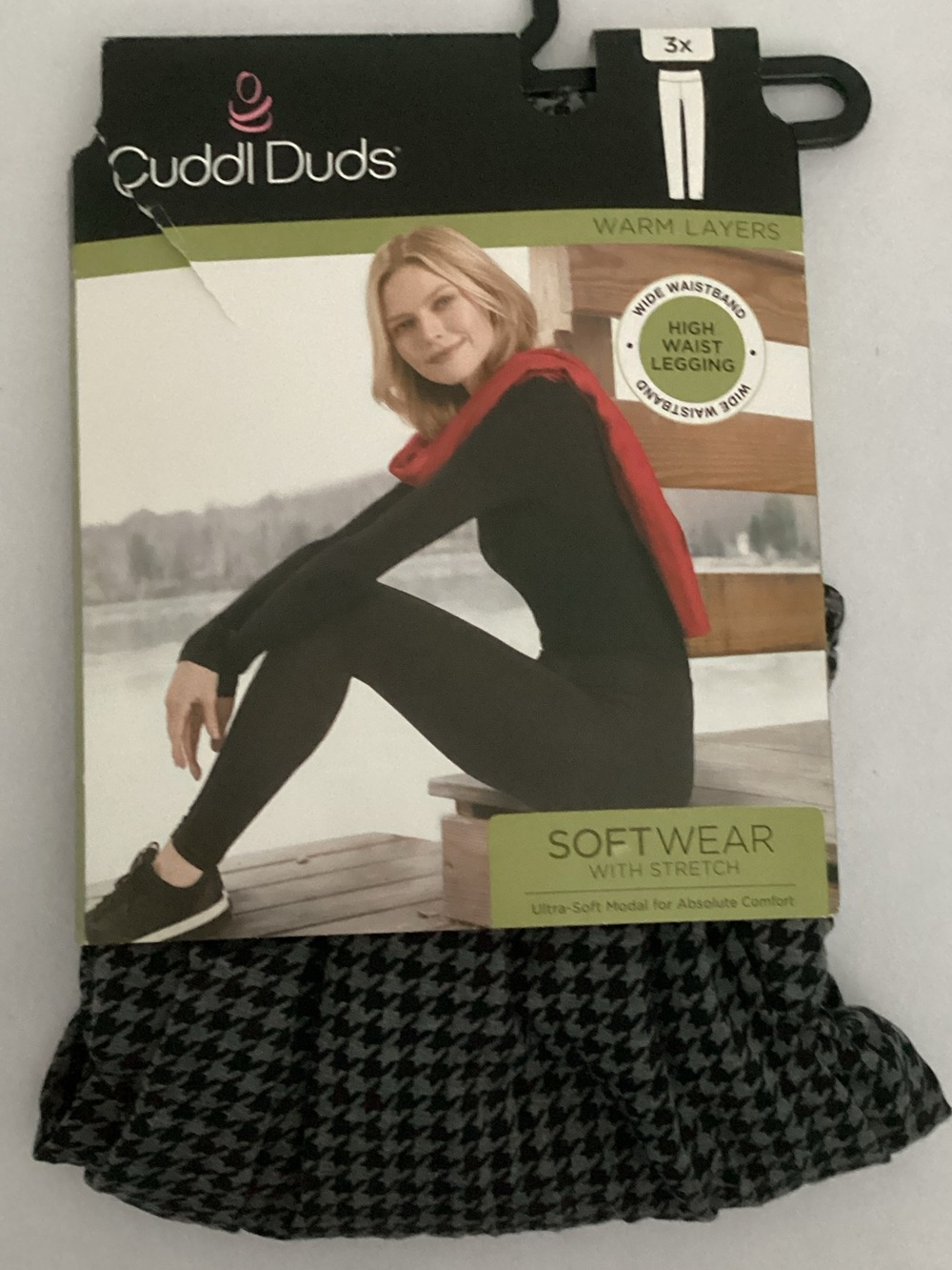 Cuddl Duds Black High-Waist Leggings with Houndstooth Trim